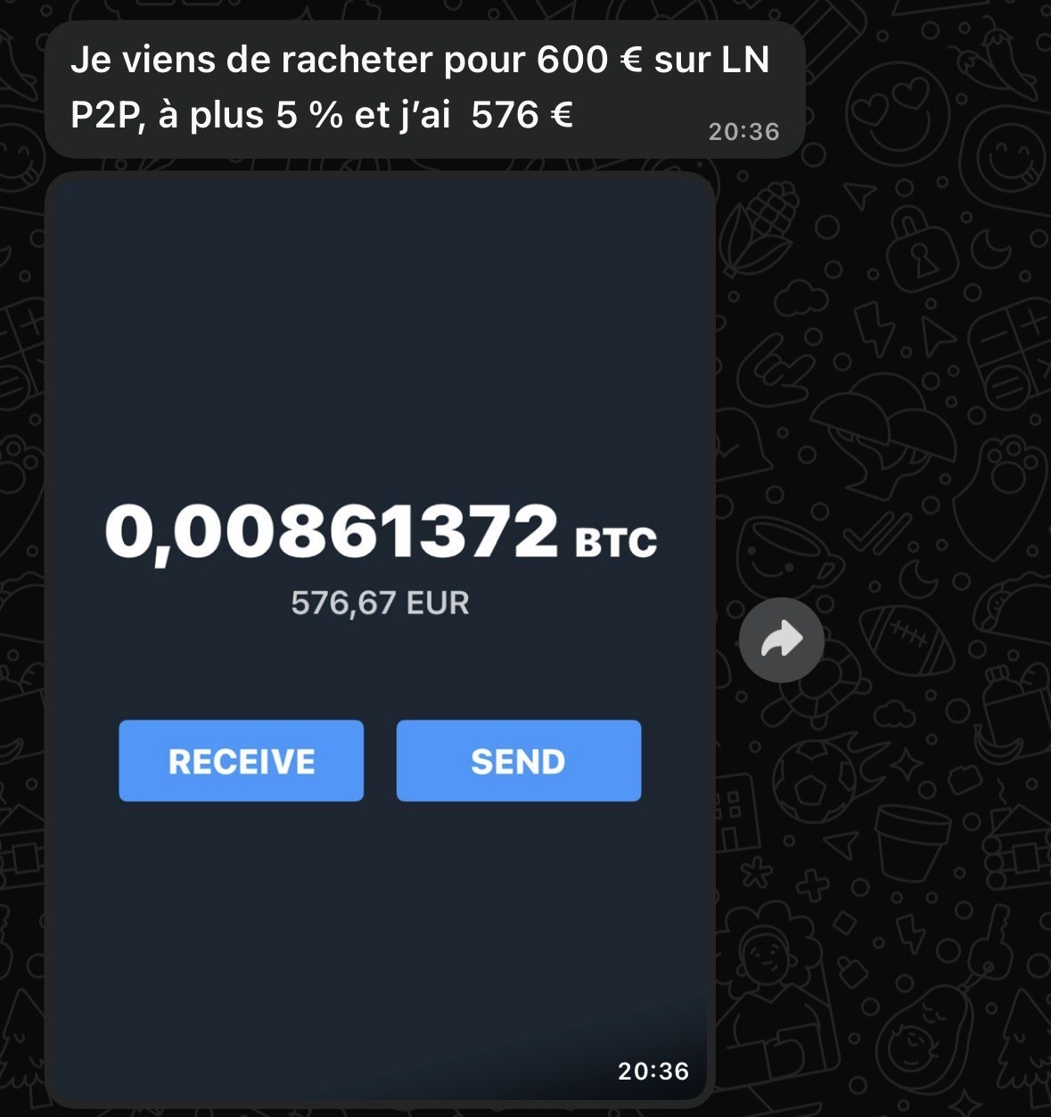 Message d'un client avec son portefeuille à 0,00861372 BTC : « Je viens de racheter pour 600 €, à plus 5 %, et j'ai 576 € »