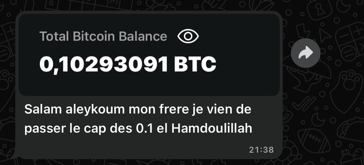 Message d'un client avec son solde de 0,10293091 BTC : « Salam aleykoum mon frère, je viens de passer le cap des 0.1, el Hamdoulillah »